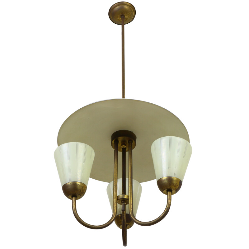 Italian triple sconce ceiling light in metal and glass - 1950s