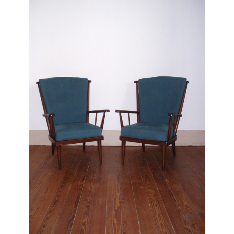 Pair of vintage blue armchairs in beech and cotton produced by Baumann - 1960s