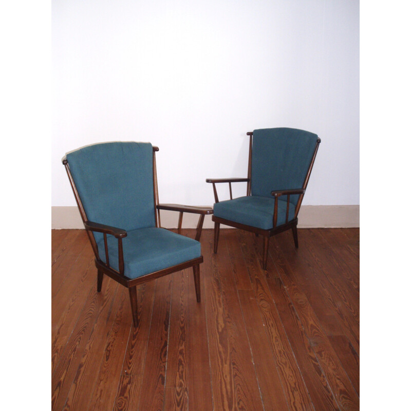 Pair of vintage blue armchairs in beech and cotton produced by Baumann - 1960s