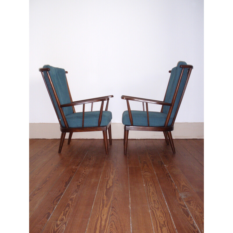 Pair of vintage blue armchairs in beech and cotton produced by Baumann - 1960s