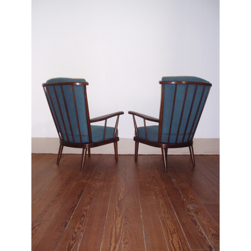 Pair of vintage blue armchairs in beech and cotton produced by Baumann - 1960s