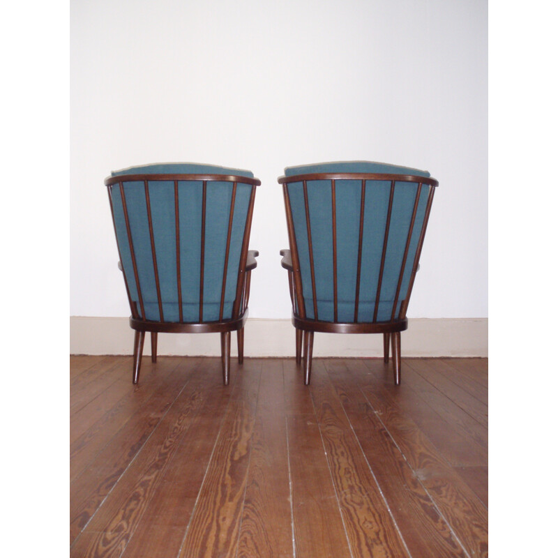 Pair of vintage blue armchairs in beech and cotton produced by Baumann - 1960s