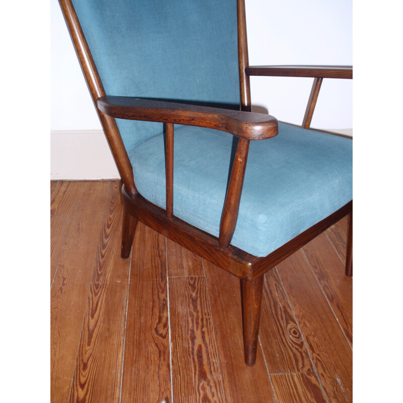 Pair of vintage blue armchairs in beech and cotton produced by Baumann - 1960s