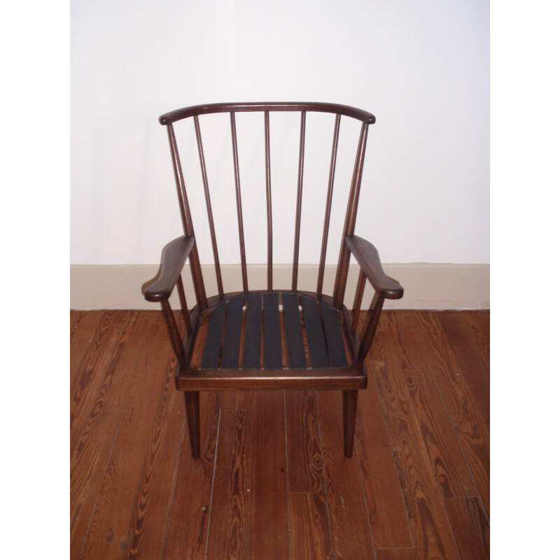 Pair of vintage blue armchairs in beech and cotton produced by Baumann - 1960s