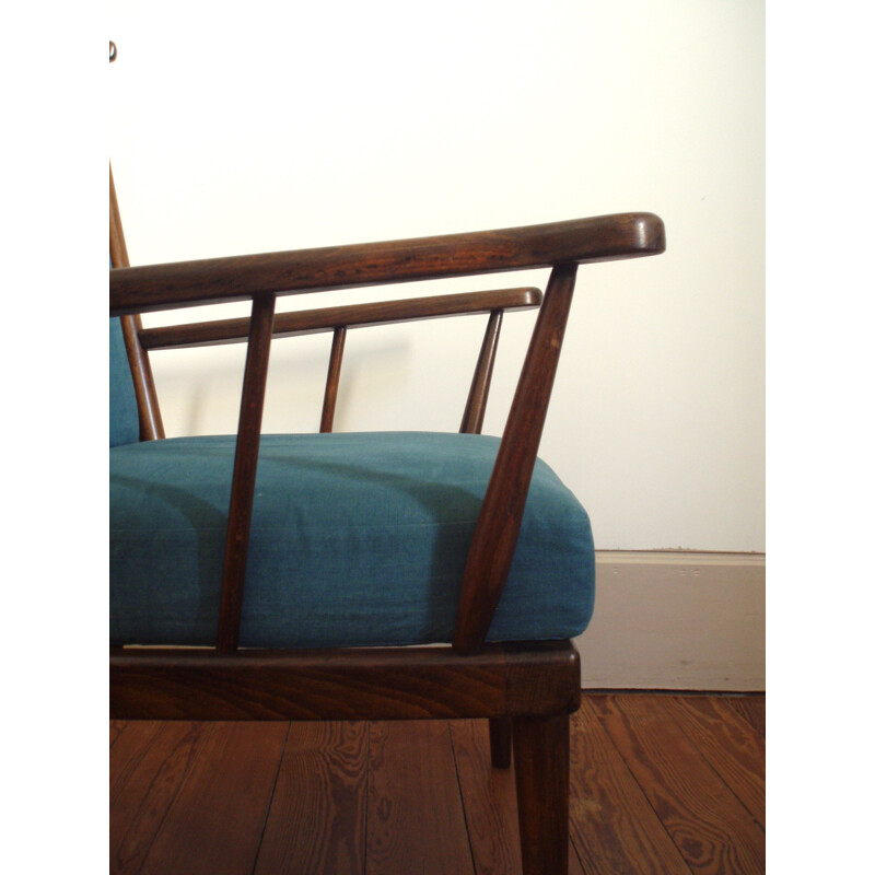 Pair of vintage blue armchairs in beech and cotton produced by Baumann - 1960s