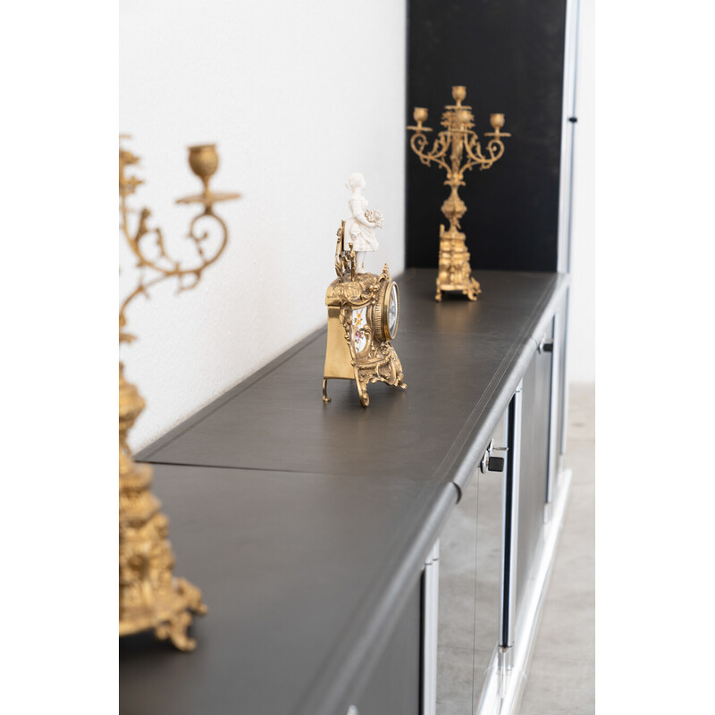 Vintage sideboard in leather, chromed aluminum, wood and smoked tempered glass, 1970