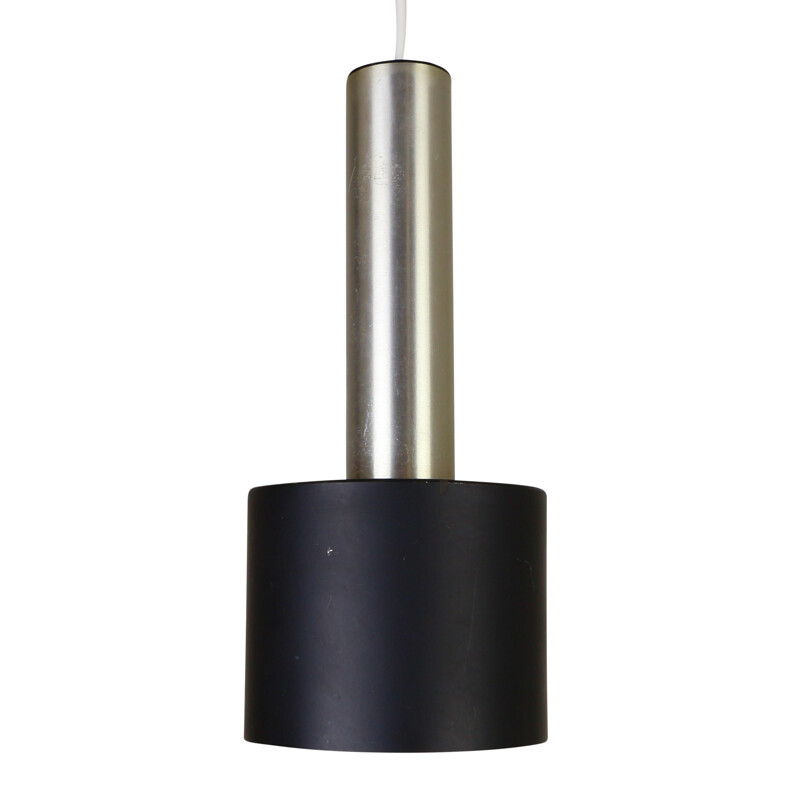 Minimalist cylindrical black hanging lamp in aluminium -  1960s
