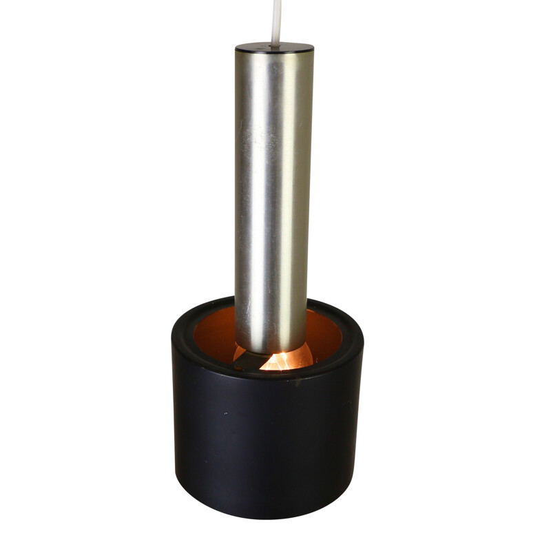 Minimalist cylindrical black hanging lamp in aluminium -  1960s