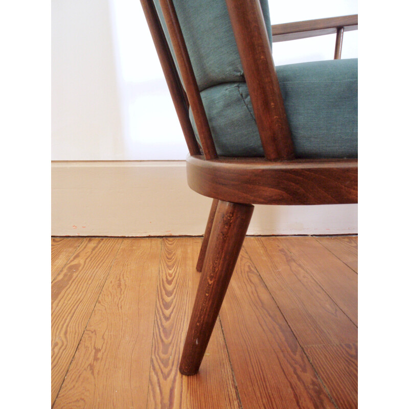 Pair of vintage blue armchairs in beech and cotton produced by Baumann - 1960s