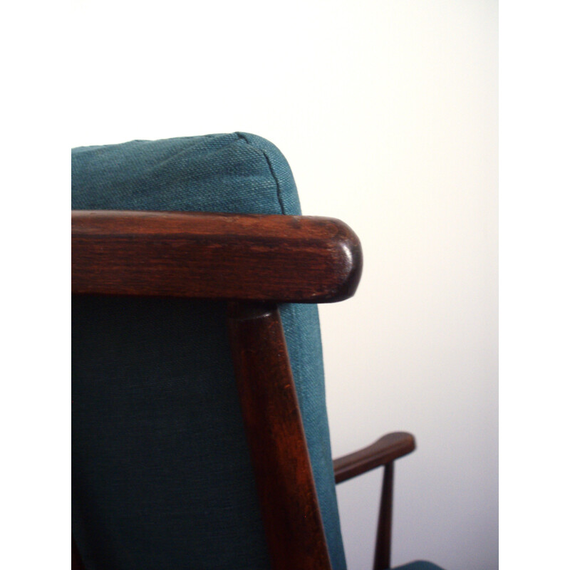 Pair of vintage blue armchairs in beech and cotton produced by Baumann - 1960s