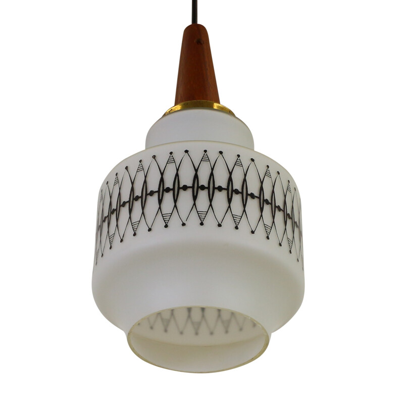 Scandinavian hanging lamp made of milk glass and wood - 1960s