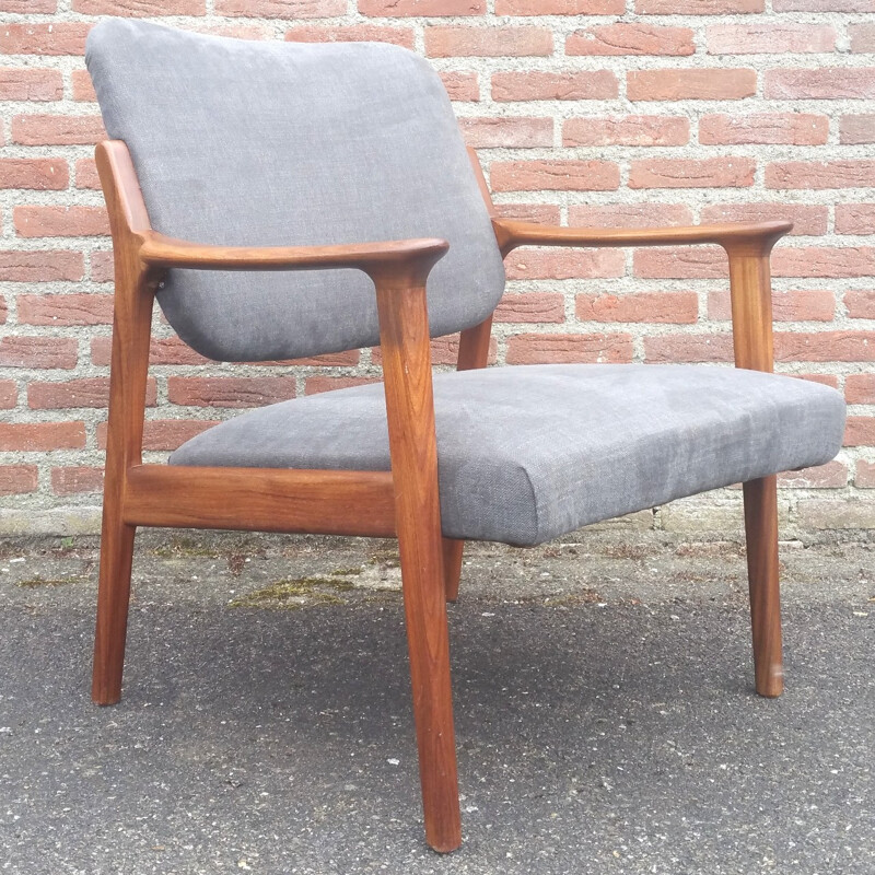 Danish mid century grey easy chair in teak and cotton - 1960s