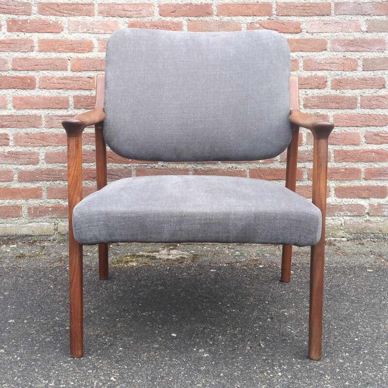 Danish mid century grey easy chair in teak and cotton - 1960s