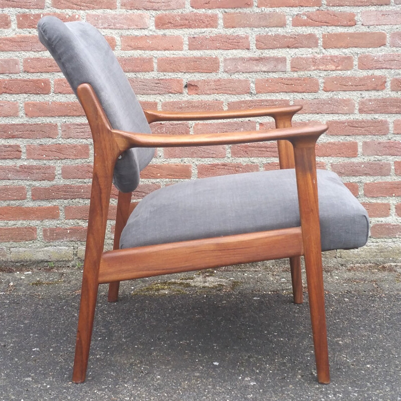 Danish mid century grey easy chair in teak and cotton - 1960s