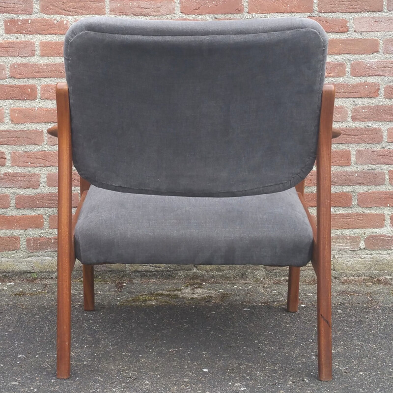 Danish mid century grey easy chair in teak and cotton - 1960s