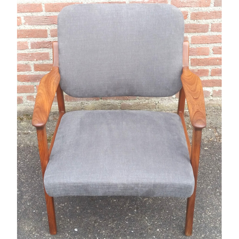 Danish mid century grey easy chair in teak and cotton - 1960s