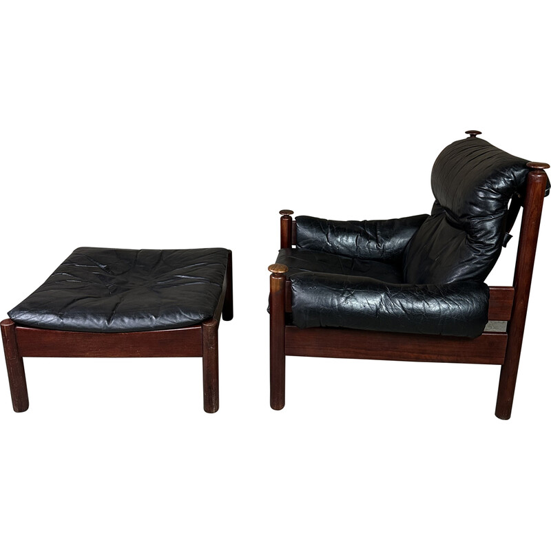 Vintage Admiral armchair in black leather and wood with ottoman by Erik Merthen, Sweden 1960