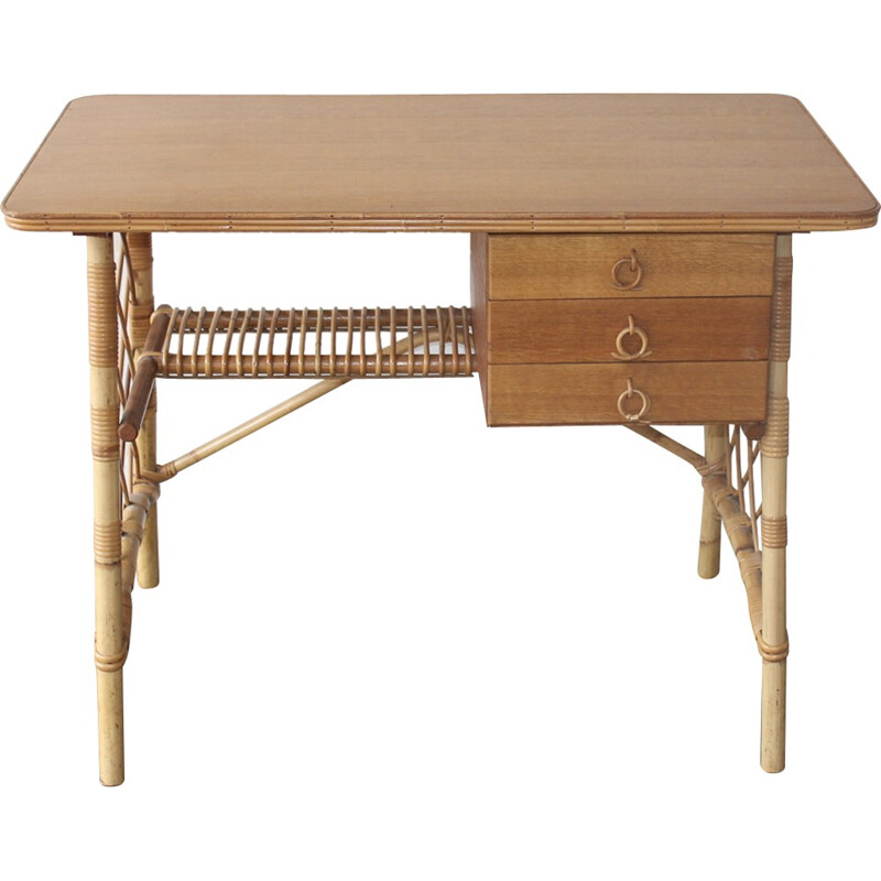 Bureau en rotin et chêne par Louis Sognot - 1950