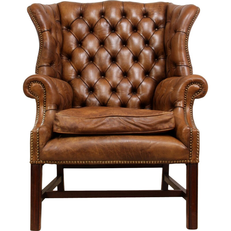 Fauteuil vintage en cuir et piétement en acajou massif - 1960