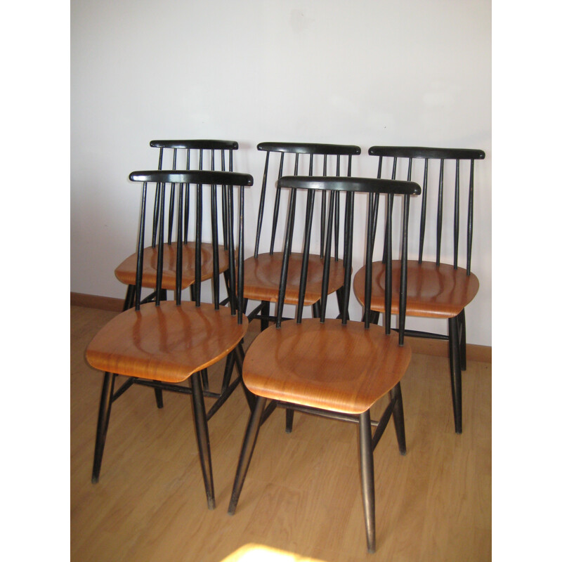 Set of 5 Fanett Ilmari Tapiovaara teak and beech chairs - 1960s