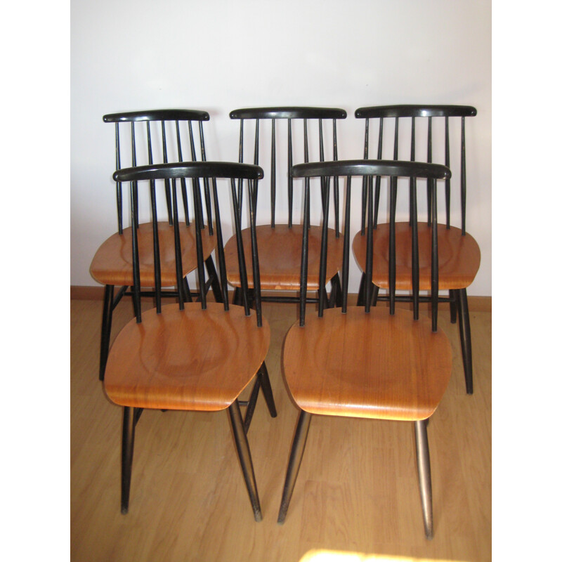 Set of 5 Fanett Ilmari Tapiovaara teak and beech chairs - 1960s