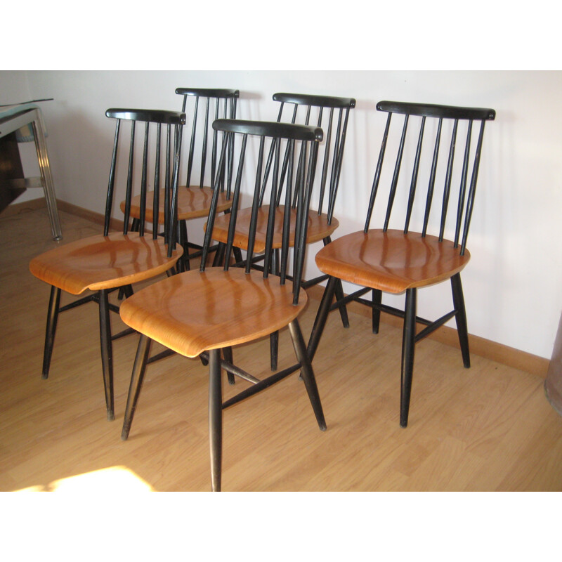 Set of 5 Fanett Ilmari Tapiovaara teak and beech chairs - 1960s