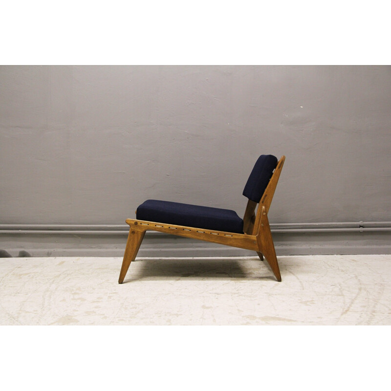 Mid-Century hunting lounge chair with ottoman in oak and textile, Germany - 1950s