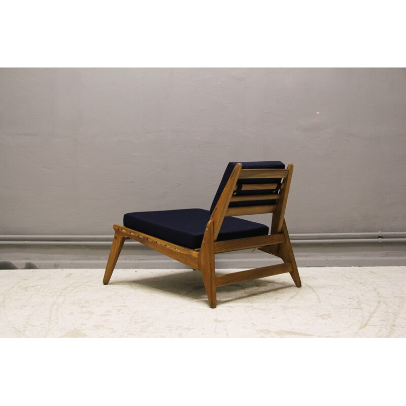 Mid-Century hunting lounge chair with ottoman in oak and textile, Germany - 1950s