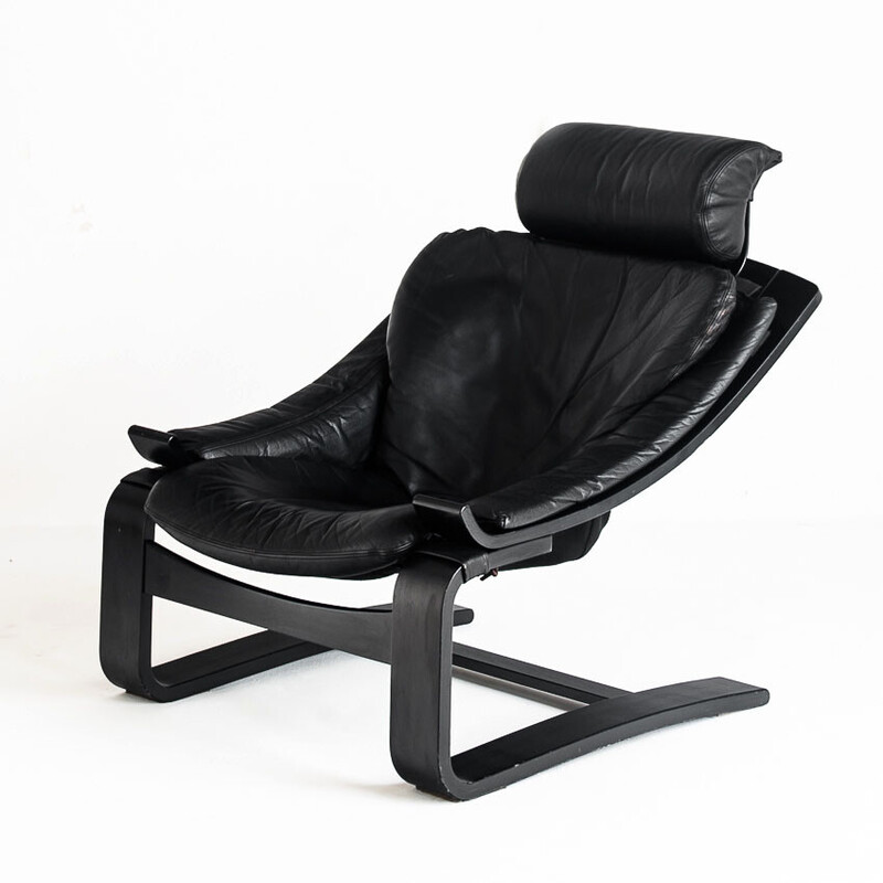 Fauteuil vintage Kroken en bois courbé et cuir par Ake Fribytter pour Nelo, Suède 1980