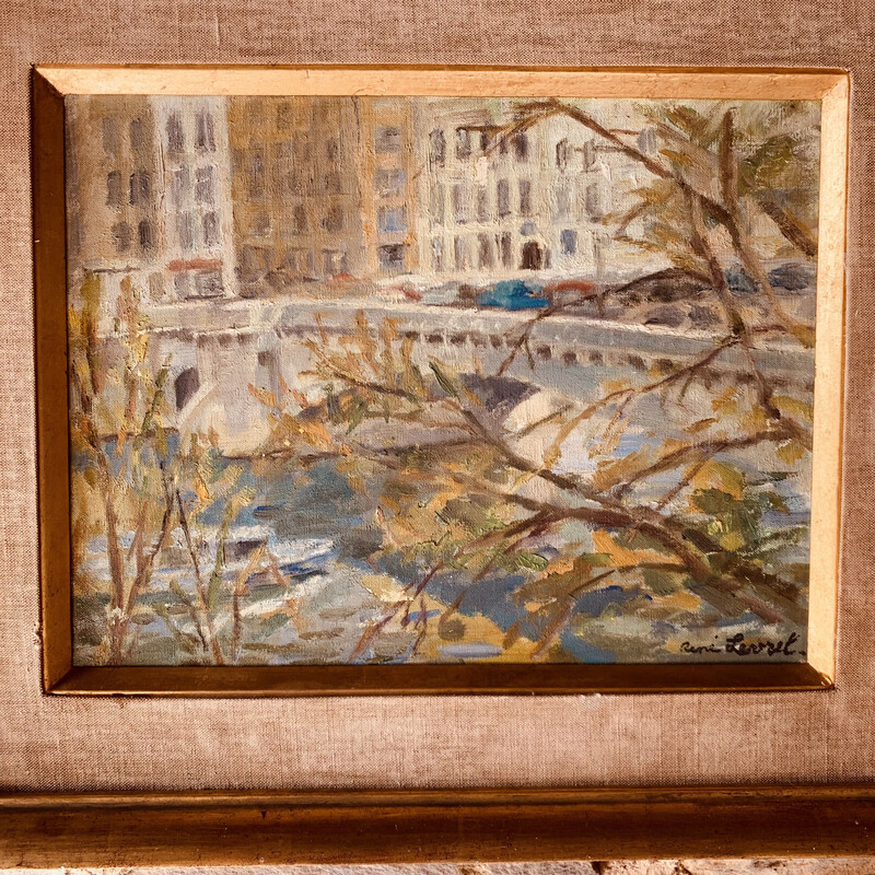 Vintage painting "Pont de la Tournelle" by René Levrel, 1967