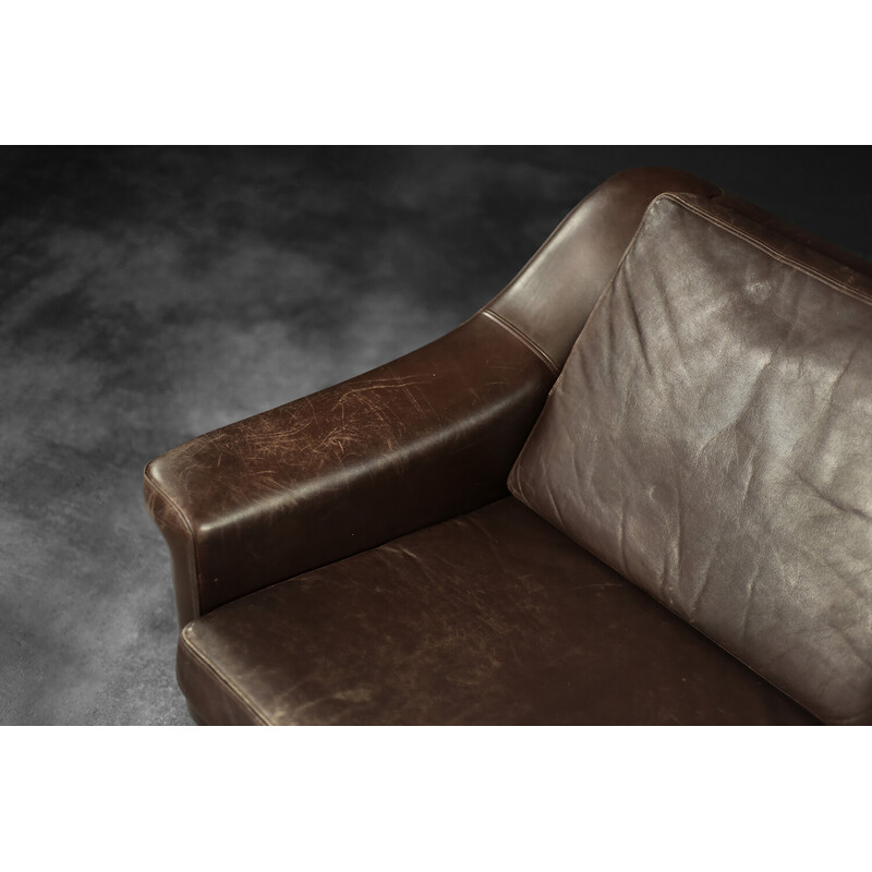 Vintage sofa in beech and brown leather, Denmark 1970