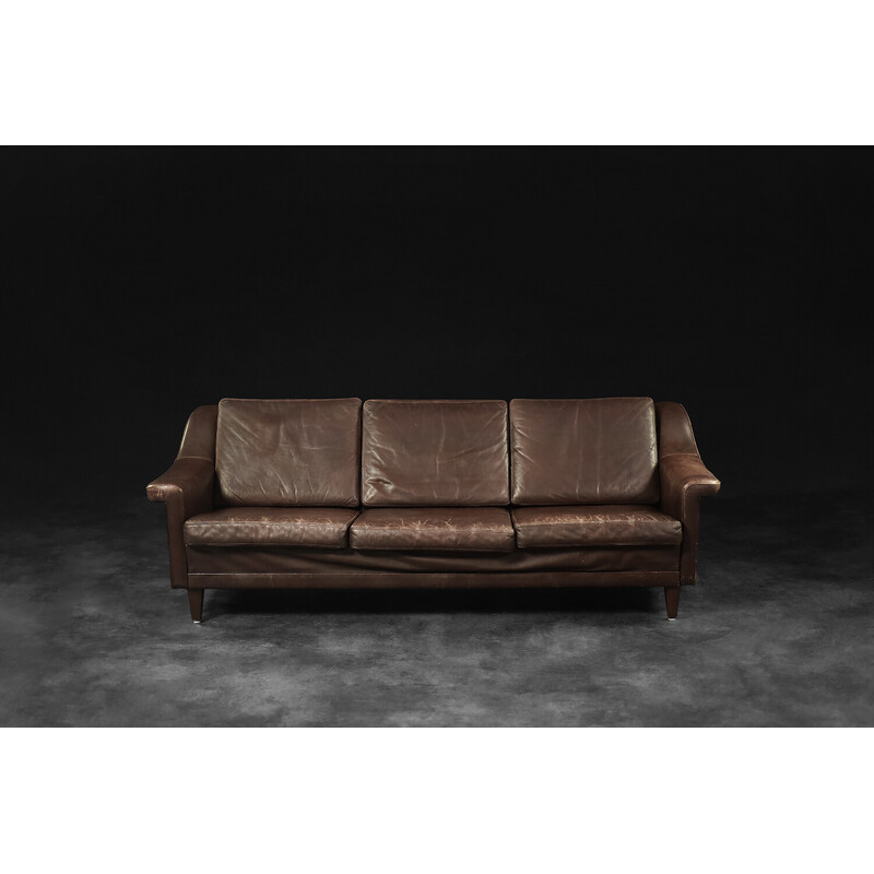 Vintage sofa in beech and brown leather, Denmark 1970