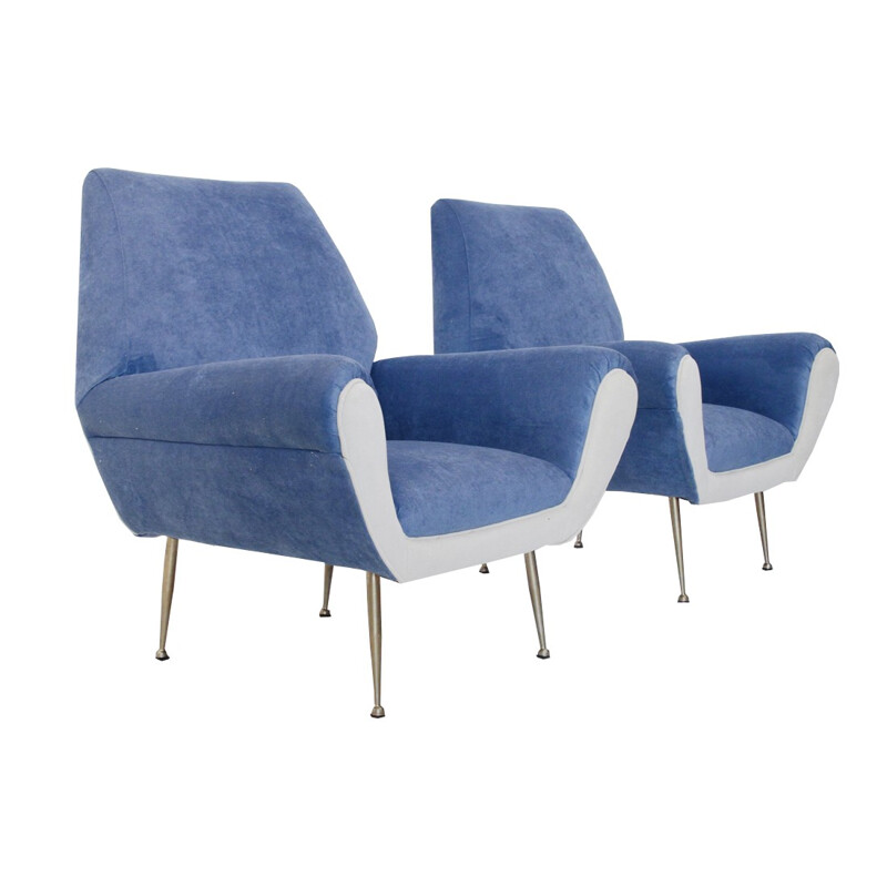 Paire de fauteuil bleu et blanc en velours italiens - 1960