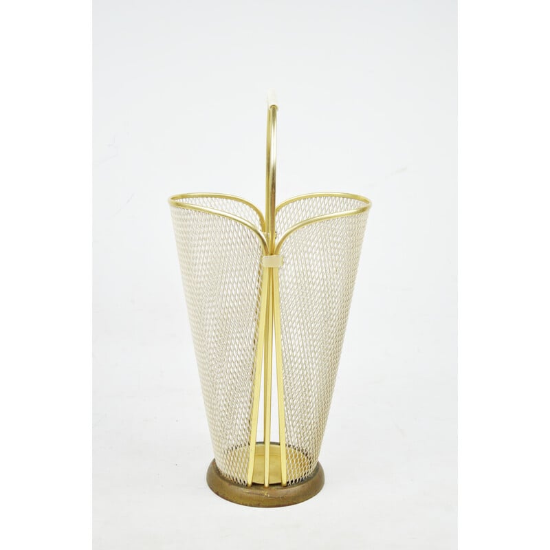Vintage gold umbrella stand with white mesh, 1970