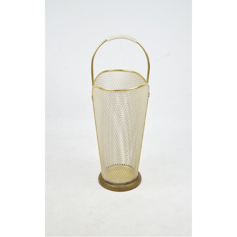 Vintage gold umbrella stand with white mesh, 1970