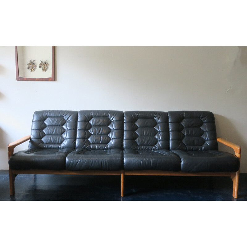 Vintage wooden and leather sofa, Denmark 1970
