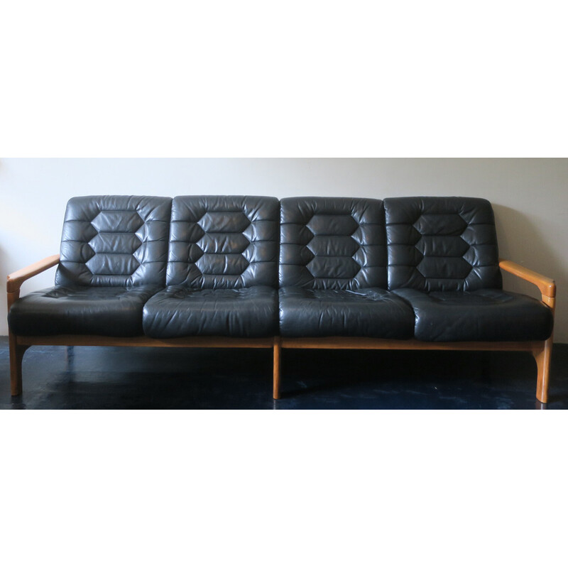 Vintage wooden and leather sofa, Denmark 1970