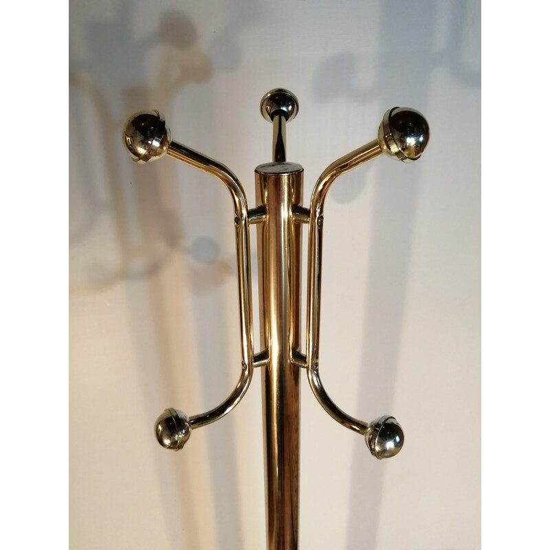 Vintage parrot coat rack in metal and gold-plated plastic balls with marble base, 1980