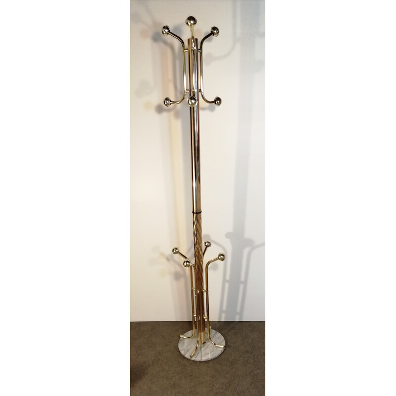 Vintage parrot coat rack in metal and gold-plated plastic balls with marble base, 1980
