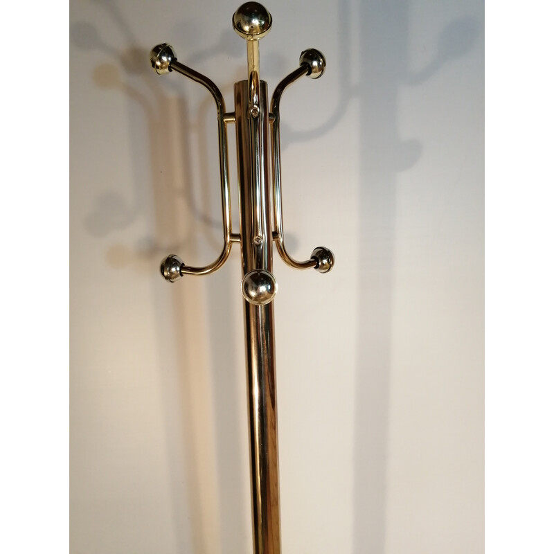 Vintage parrot coat rack in metal and gold-plated plastic balls with marble base, 1980