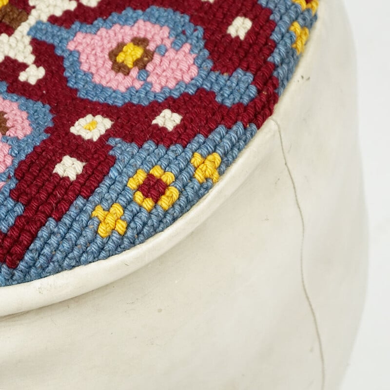 Vintage white leather pouffe, France 1960