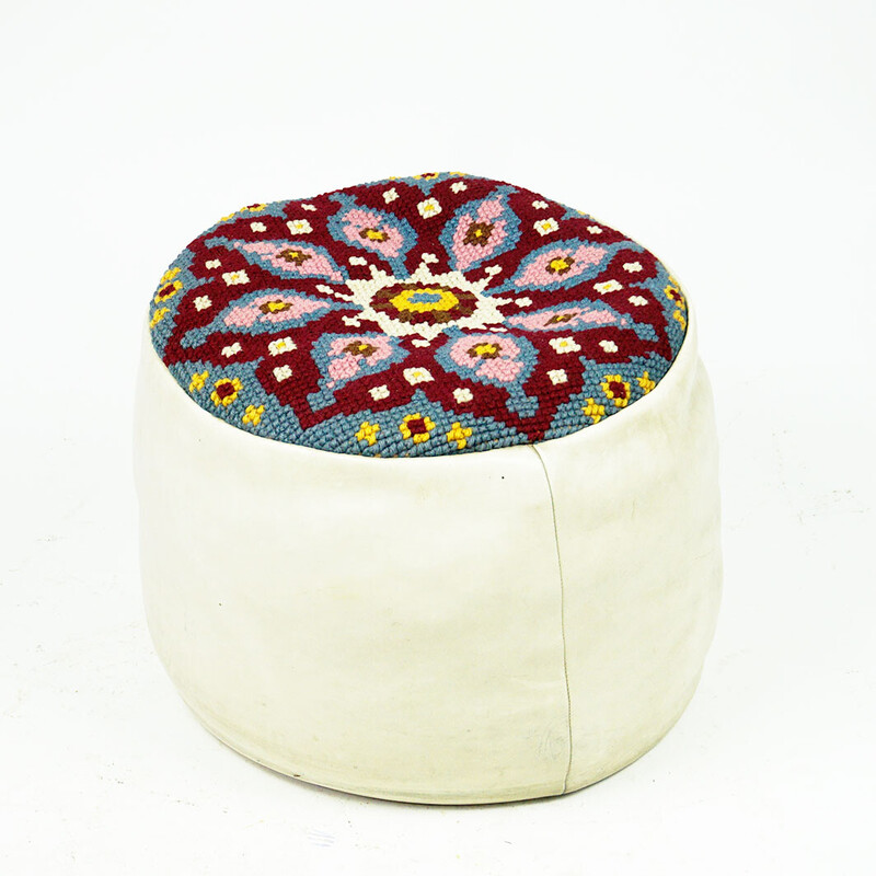 Vintage white leather pouffe, France 1960