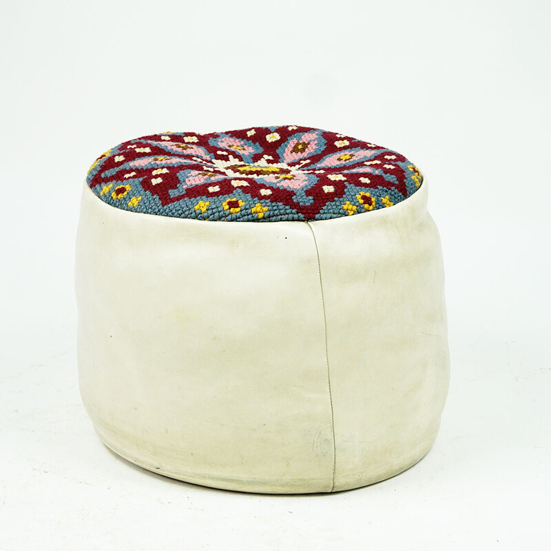 Vintage white leather pouffe, France 1960