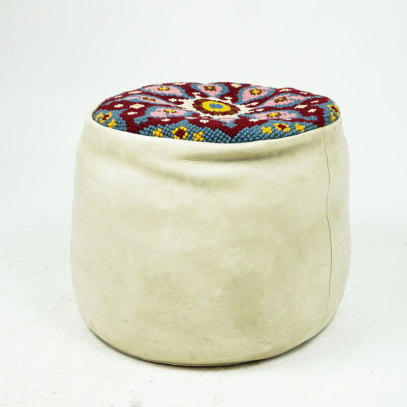 Vintage white leather pouffe, France 1960