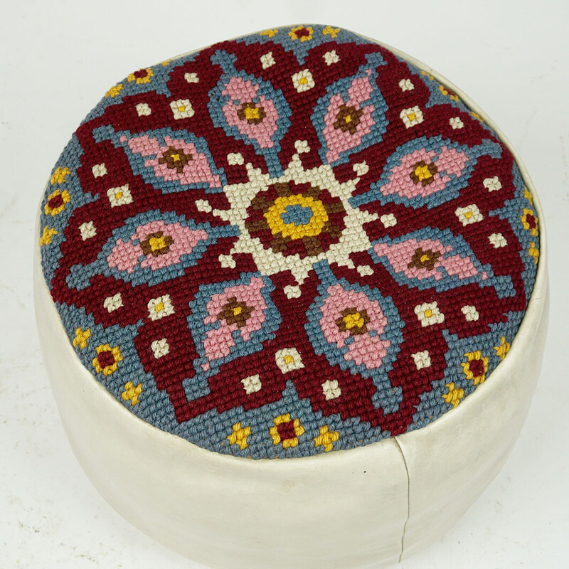 Vintage white leather pouffe, France 1960