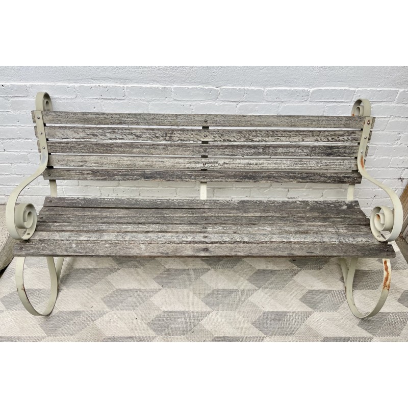 Banc de jardin vintage en teck patiné et fer