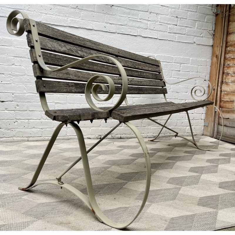 Vintage garden bench in patinated teak and iron