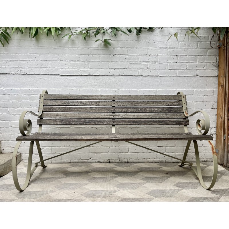 Vintage garden bench in patinated teak and iron