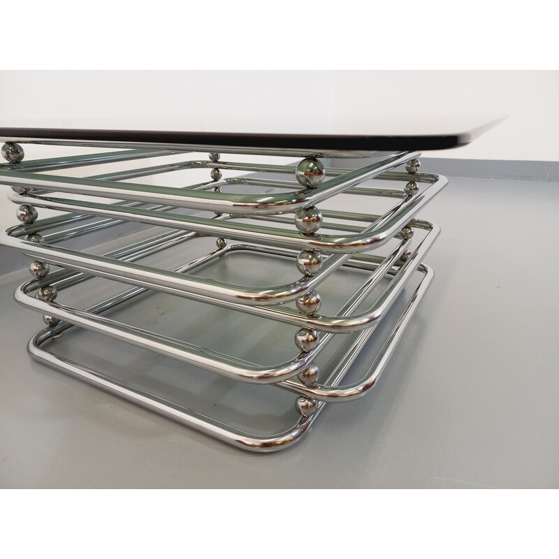 Vintage square coffee table in smoked glass and chromed metal, 1970