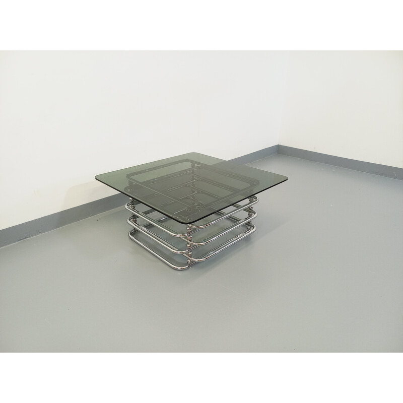 Vintage square coffee table in smoked glass and chromed metal, 1970